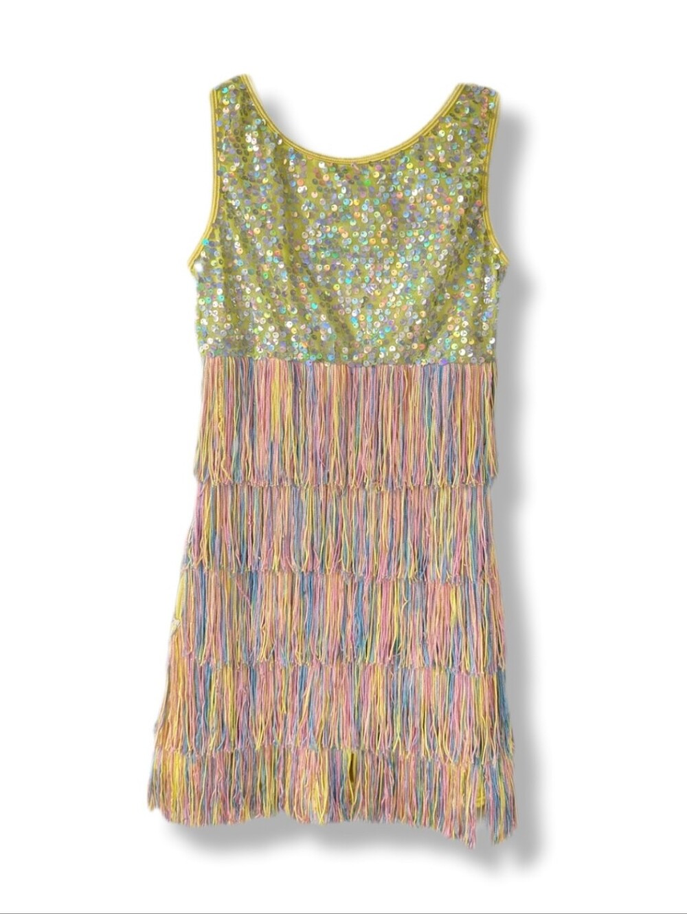 Curtain Call Costume Adult Yellow Pink Blue Sequin & Fringe Biketard Jazz Dress